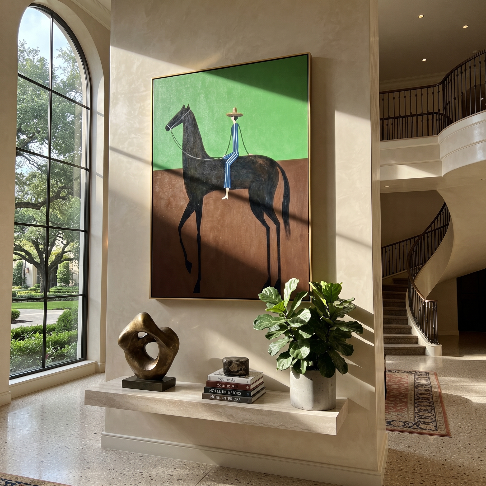 Blue Stripes Cross Green - black horse rider painting by Isabelle Laurent, modern Western vertical wall art – styled room scene view 1