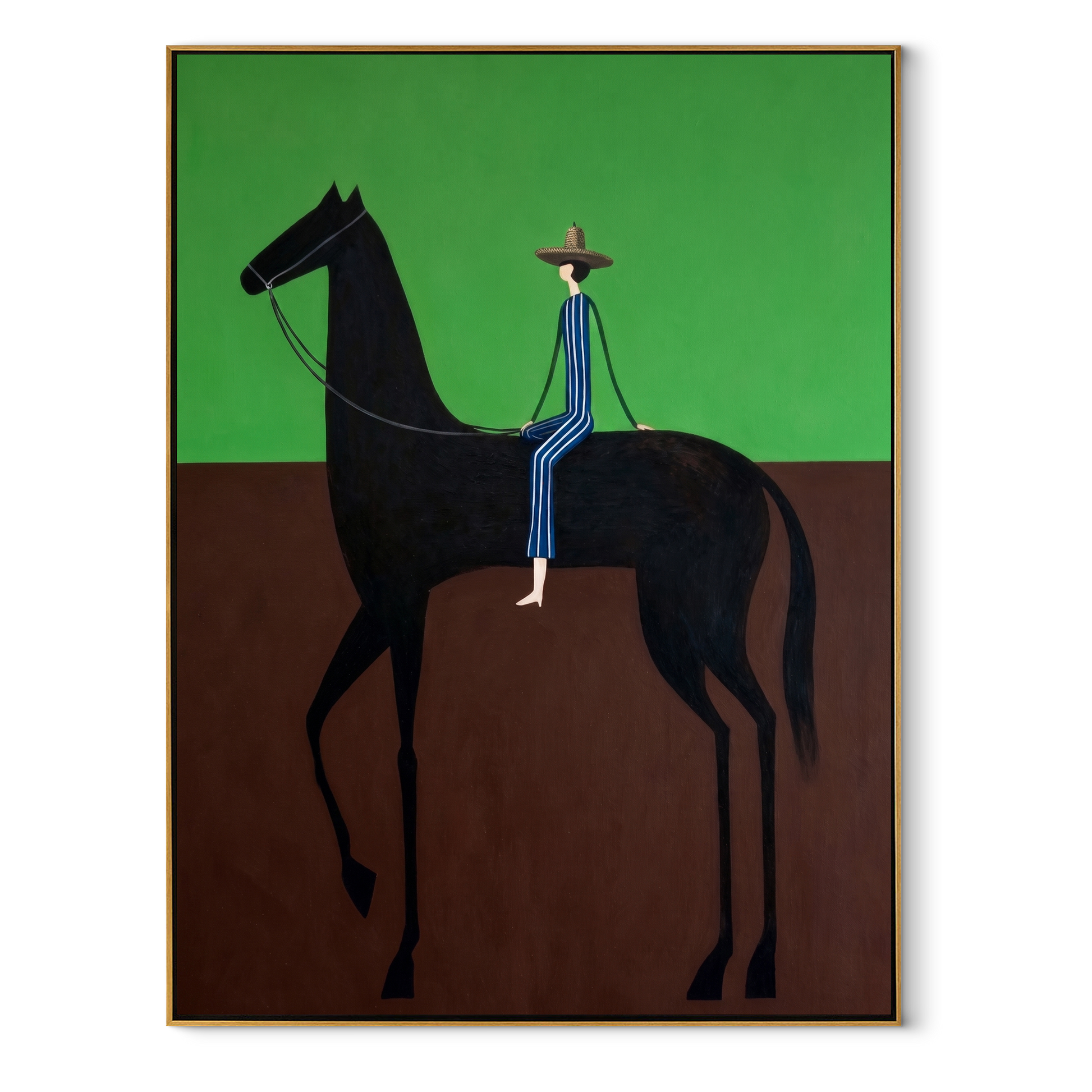 Blue Stripes Cross Green - black horse rider painting by Isabelle Laurent, modern Western vertical wall art – wood frame on white background