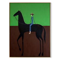 Blue Stripes Cross Green - black horse rider painting by Isabelle Laurent, modern Western vertical wall art – wood frame on white background