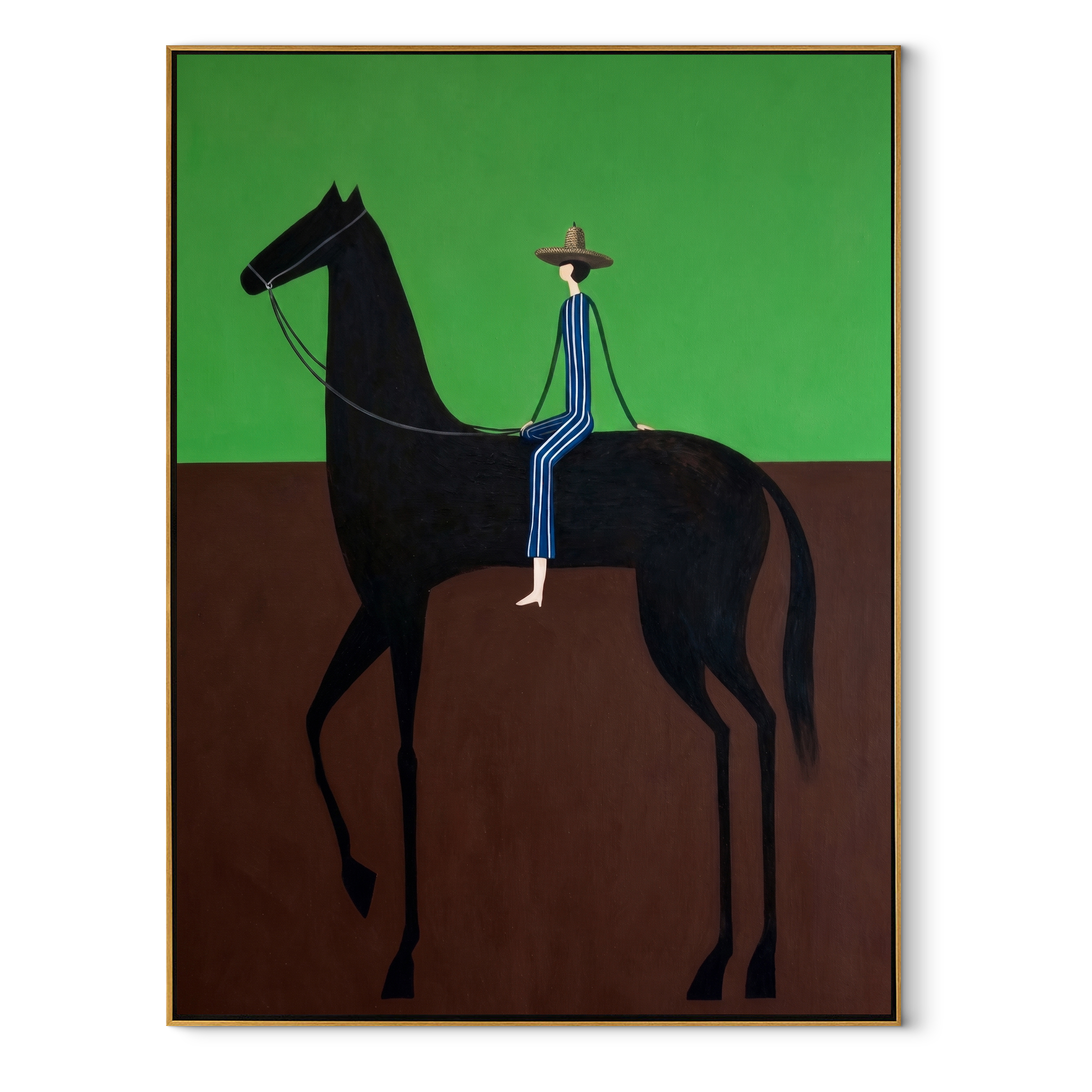 Blue Stripes Cross Green - black horse rider painting by Isabelle Laurent, modern Western vertical wall art – wood frame on white background