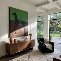 Blue Stripes Cross Green - black horse rider painting by Isabelle Laurent, modern Western vertical wall art – styled room scene view 2