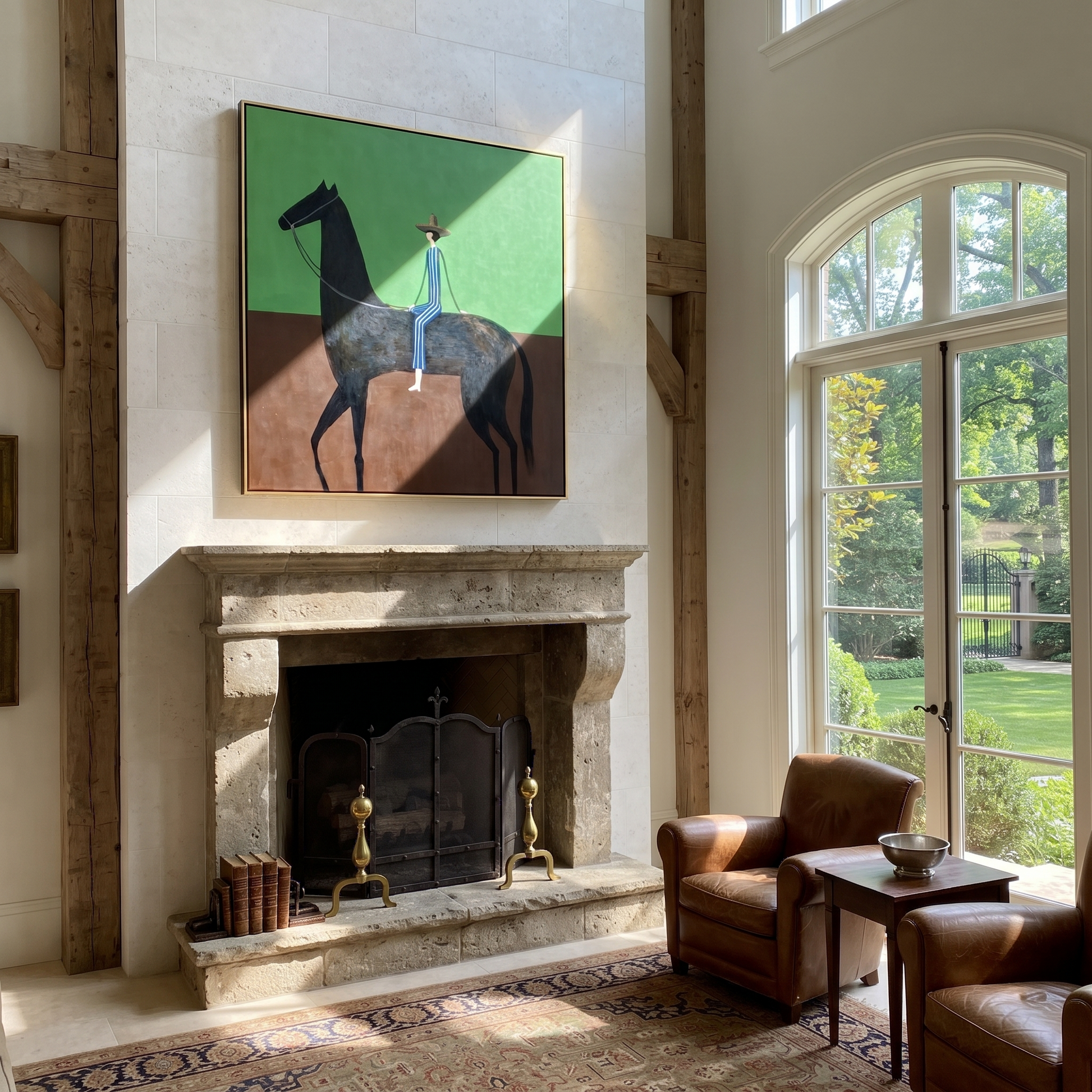 Blue Stripes Cross Green - black horse rider painting by Isabelle Laurent, modern Western vertical wall art – styled room scene view 3