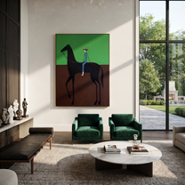 Blue Stripes Cross Green - black horse rider painting by Isabelle Laurent, modern Western vertical wall art – styled room scene view 4