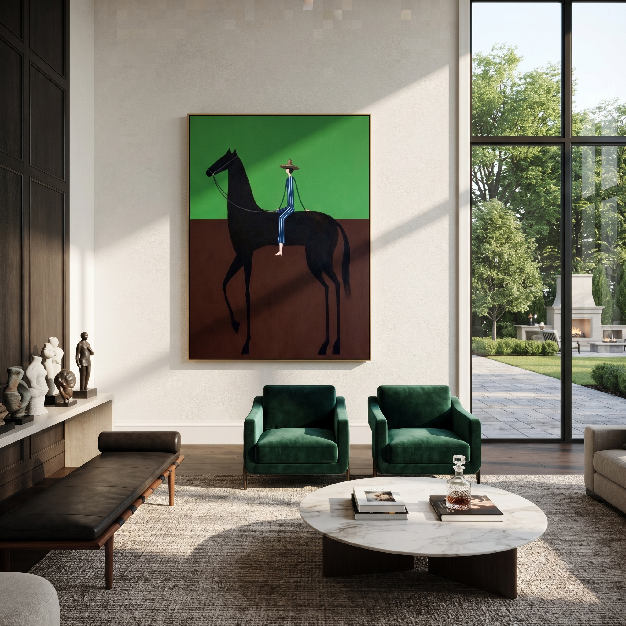 Blue Stripes Cross Green - black horse rider painting by Isabelle Laurent, modern Western vertical wall art – styled room scene view 4