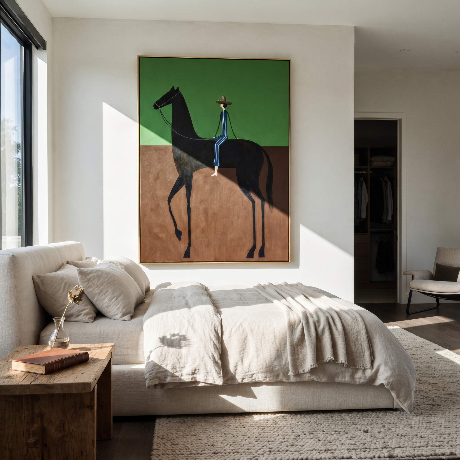 Blue Stripes Cross Green - black horse rider painting by Isabelle Laurent, modern Western vertical wall art – styled room scene view 5