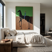 Blue Stripes Cross Green - black horse rider painting by Isabelle Laurent, modern Western vertical wall art – styled room scene view 5