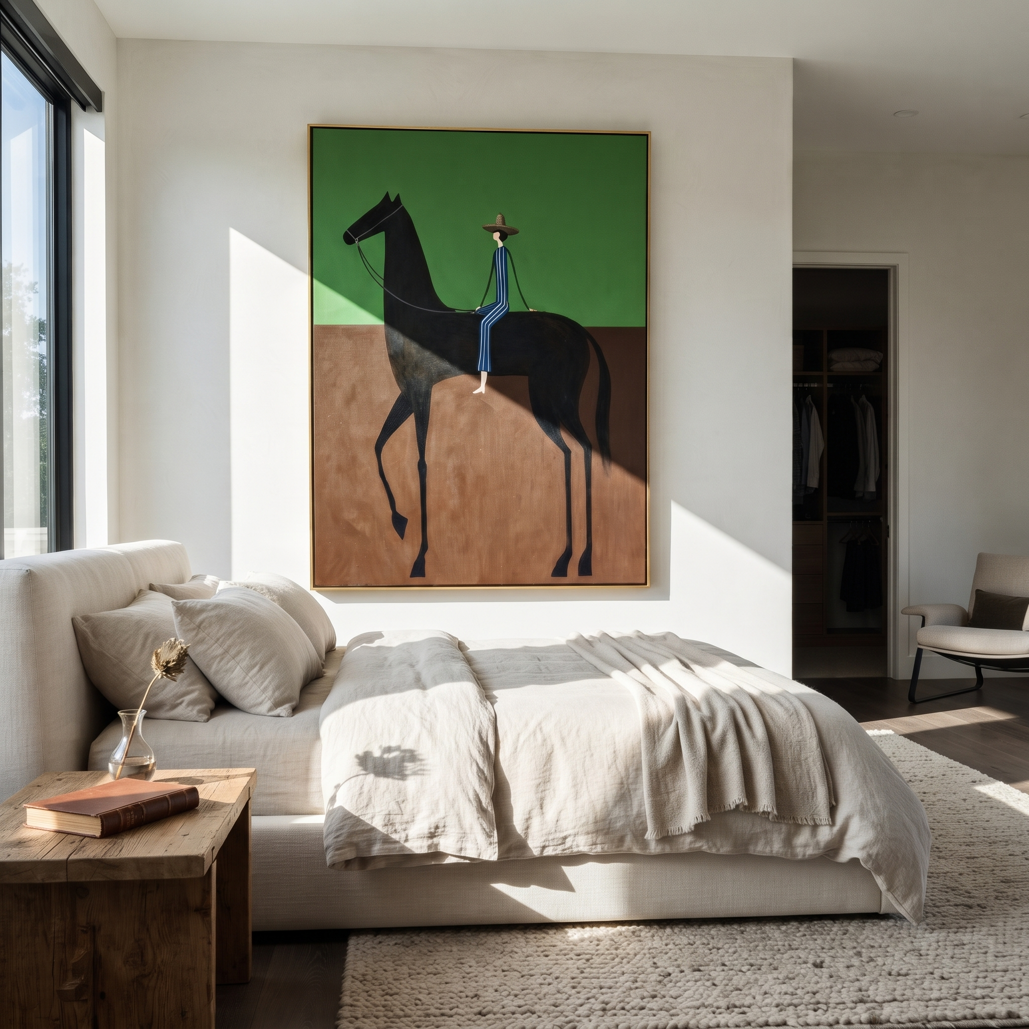 Blue Stripes Cross Green - black horse rider painting by Isabelle Laurent, modern Western vertical wall art – styled room scene view 5