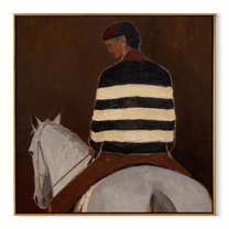 Striped Back Faces Umber - white horse rider painting by Isabelle Laurent, modern Western square wall art – wood frame on white background