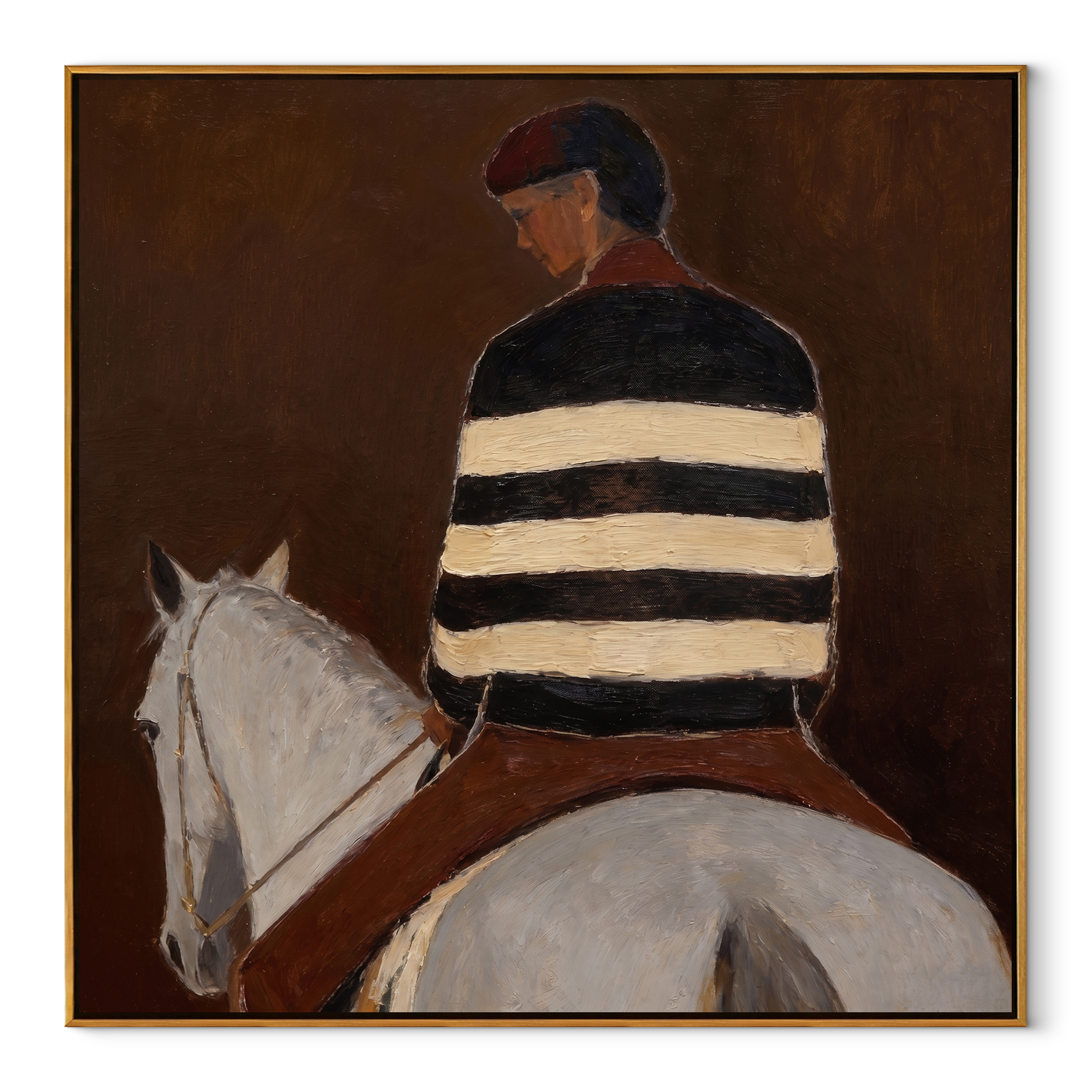 Striped Back Faces Umber - white horse rider painting by Isabelle Laurent, modern Western square wall art – wood frame on white background