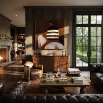 Striped Back Faces Umber - white horse rider painting by Isabelle Laurent, modern Western square wall art – styled room scene view 3