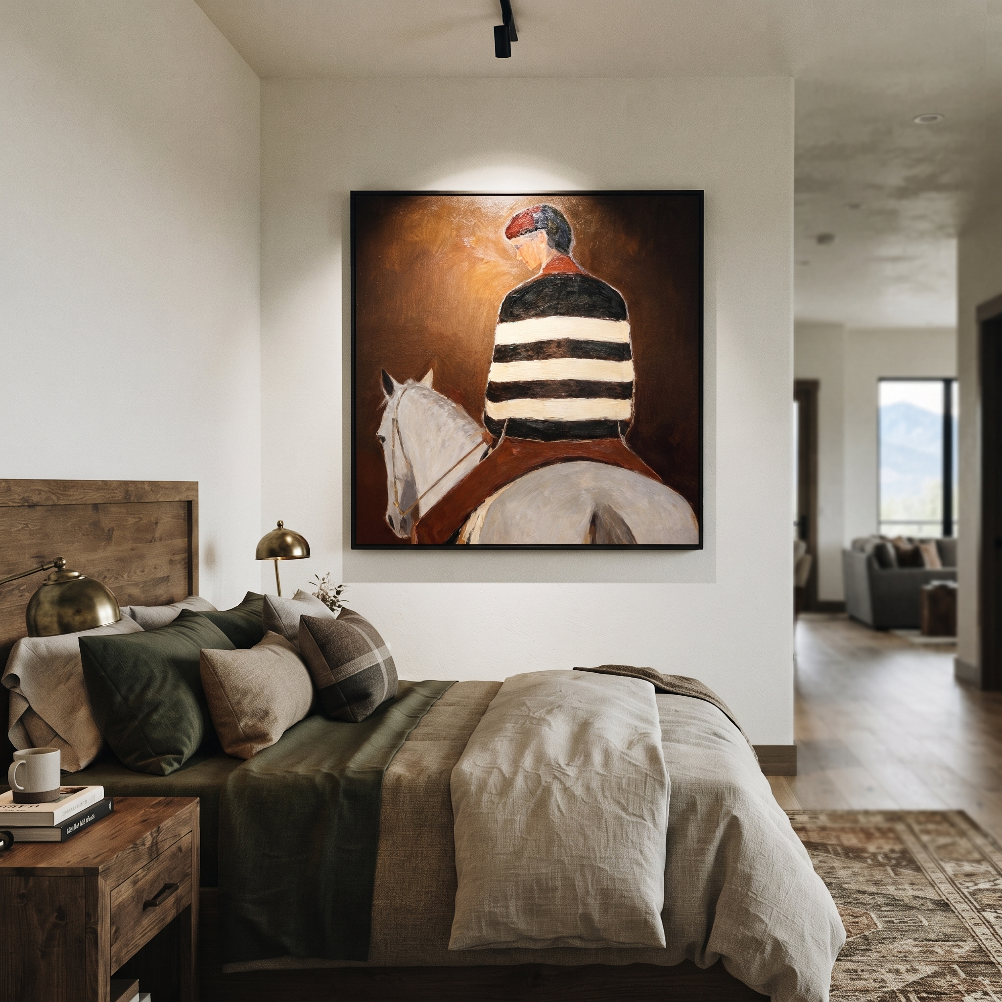 Striped Back Faces Umber - white horse rider painting by Isabelle Laurent, modern Western square wall art – styled room scene view 5