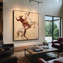 Lasso Circles Rearing White - rearing white horse painting by Isabelle Laurent, modern Western square wall art – styled room scene view 1