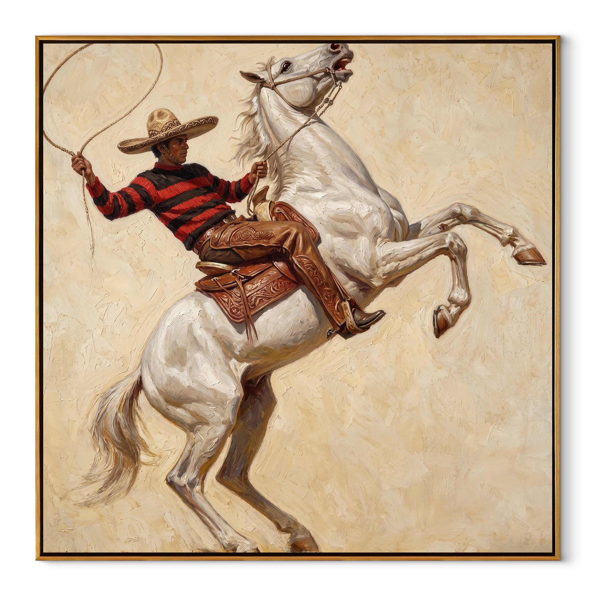 Lasso Circles Rearing White - rearing white horse painting by Isabelle Laurent, modern Western square wall art – wood frame on white background