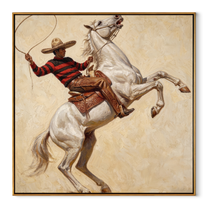 Lasso Circles Rearing White - rearing white horse painting by Isabelle Laurent, modern Western square wall art – wood frame on white background