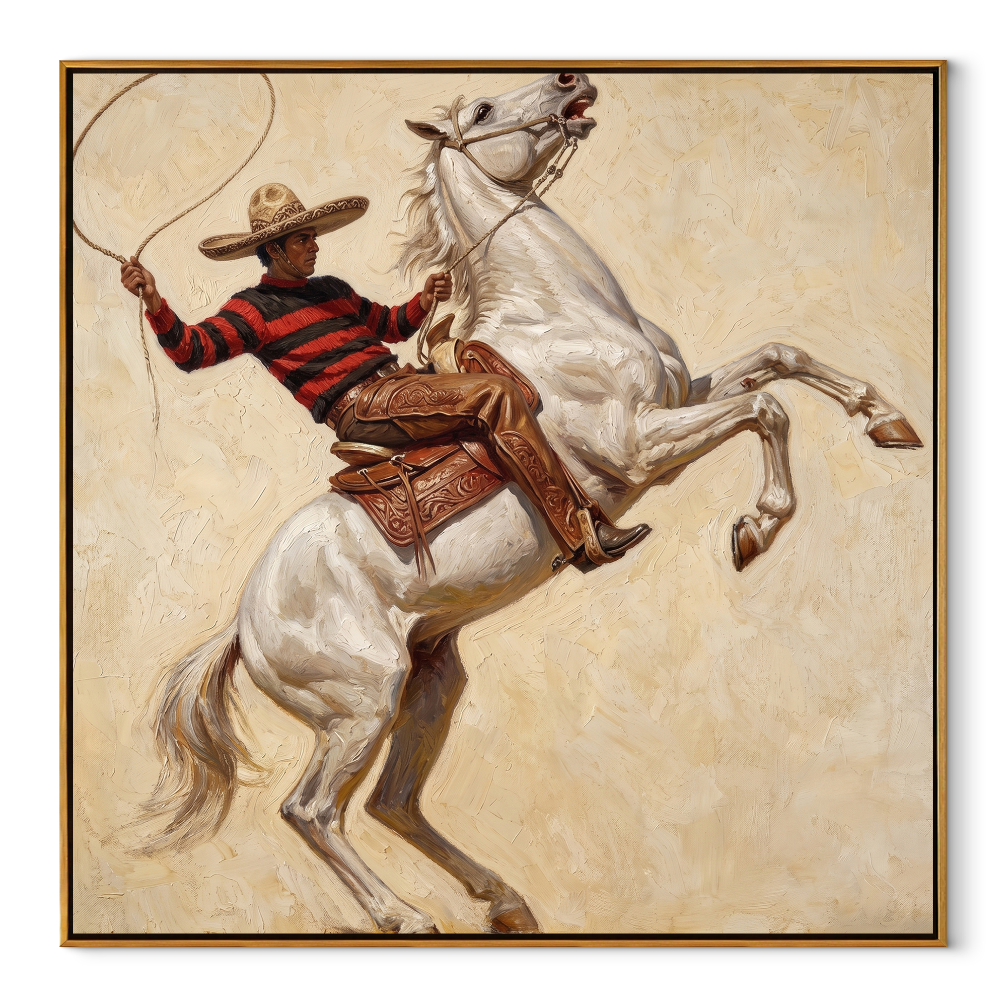 Lasso Circles Rearing White - rearing white horse painting by Isabelle Laurent, modern Western square wall art – wood frame on white background