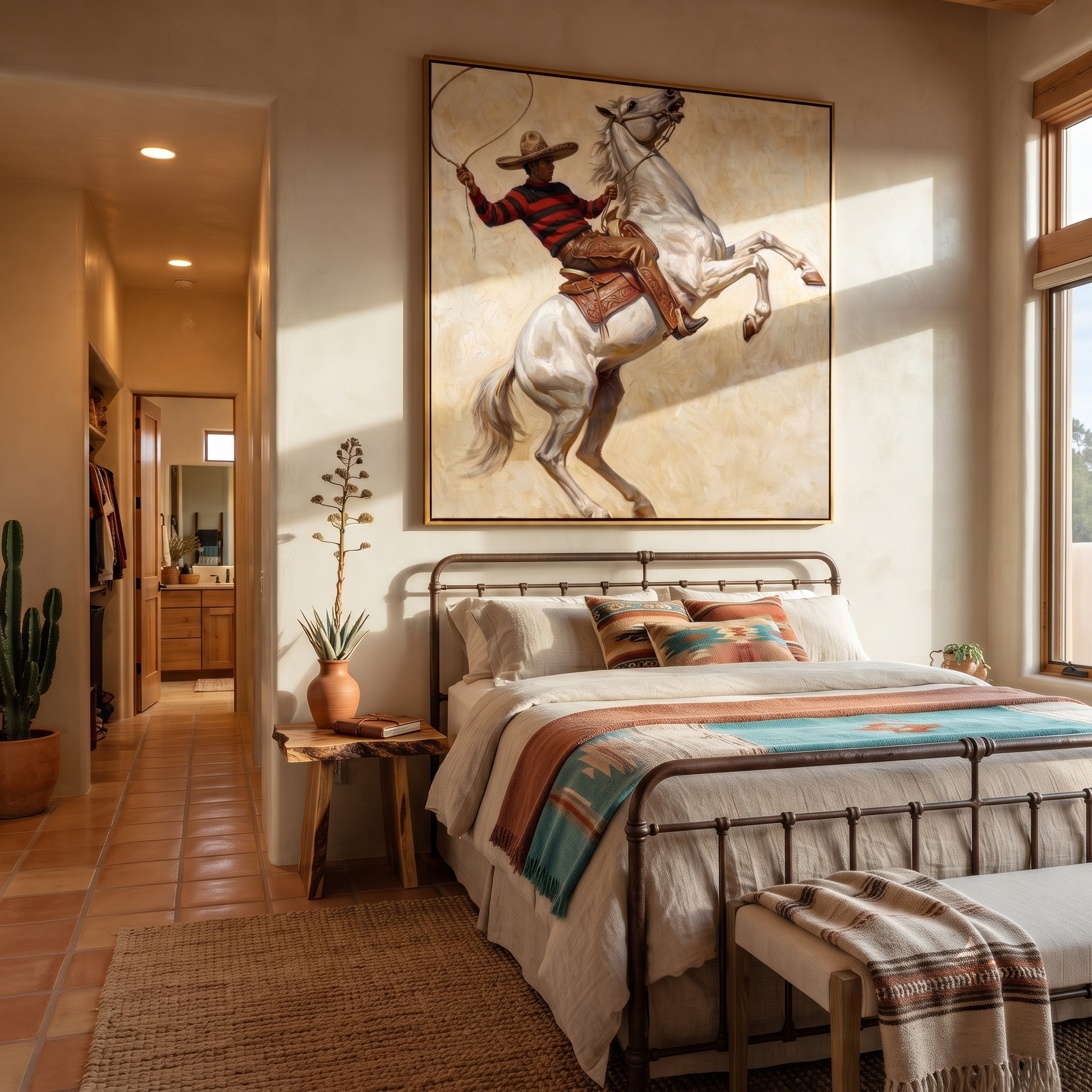 Lasso Circles Rearing White - rearing white horse painting by Isabelle Laurent, modern Western square wall art – styled room scene view 2