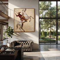 Lasso Circles Rearing White - rearing white horse painting by Isabelle Laurent, modern Western square wall art – styled room scene view 3