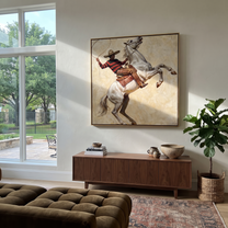 Lasso Circles Rearing White - rearing white horse painting by Isabelle Laurent, modern Western square wall art – styled room scene view 4