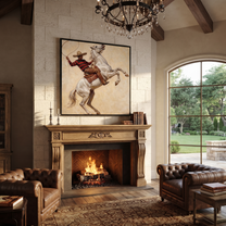 Lasso Circles Rearing White - rearing white horse painting by Isabelle Laurent, modern Western square wall art – styled room scene view 5