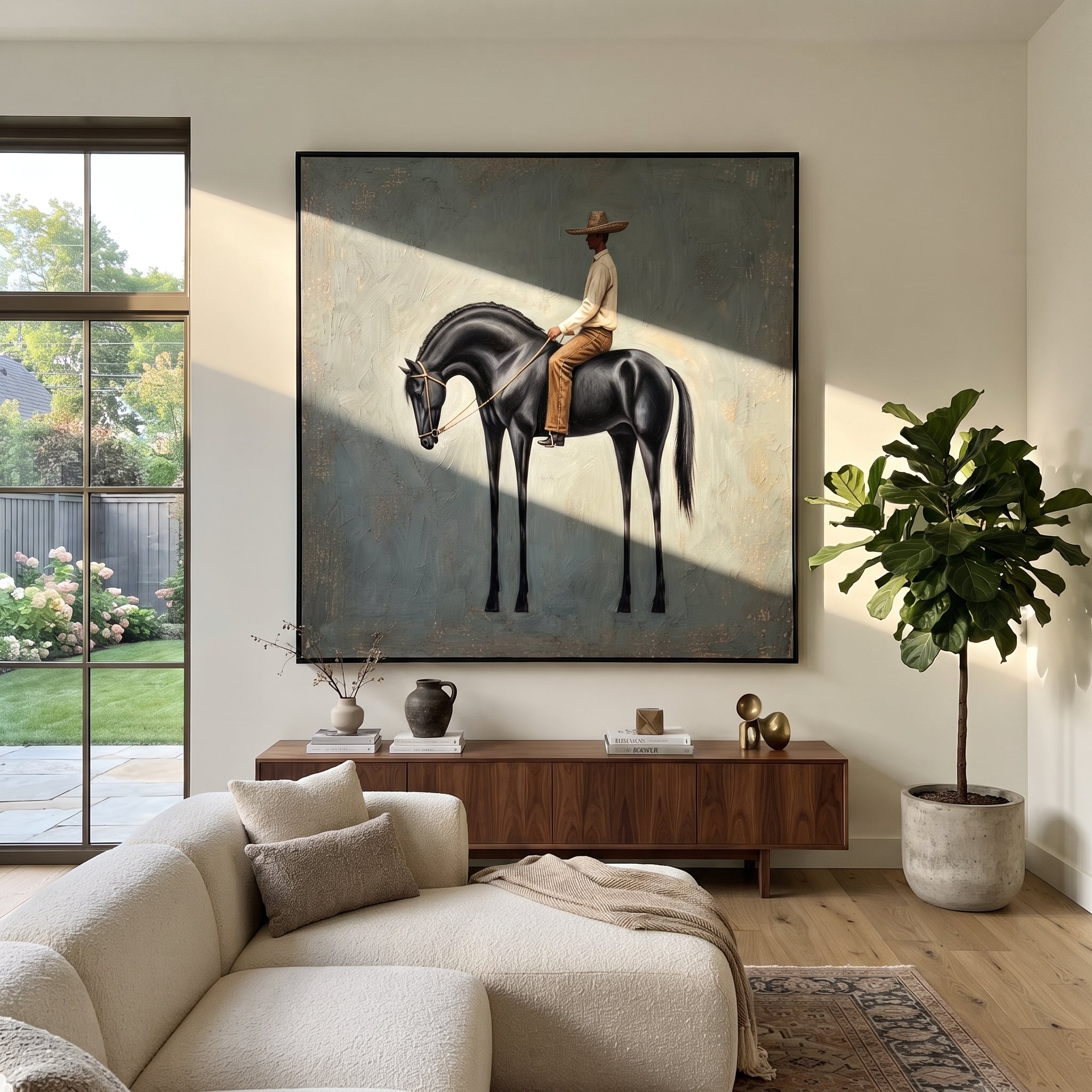 Black Horse Bows Blue - black horse rider painting by Isabelle Laurent, modern Western square wall art – styled room scene view 1