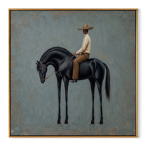 Black Horse Bows Blue - black horse rider painting by Isabelle Laurent, modern Western square wall art – wood frame on white background