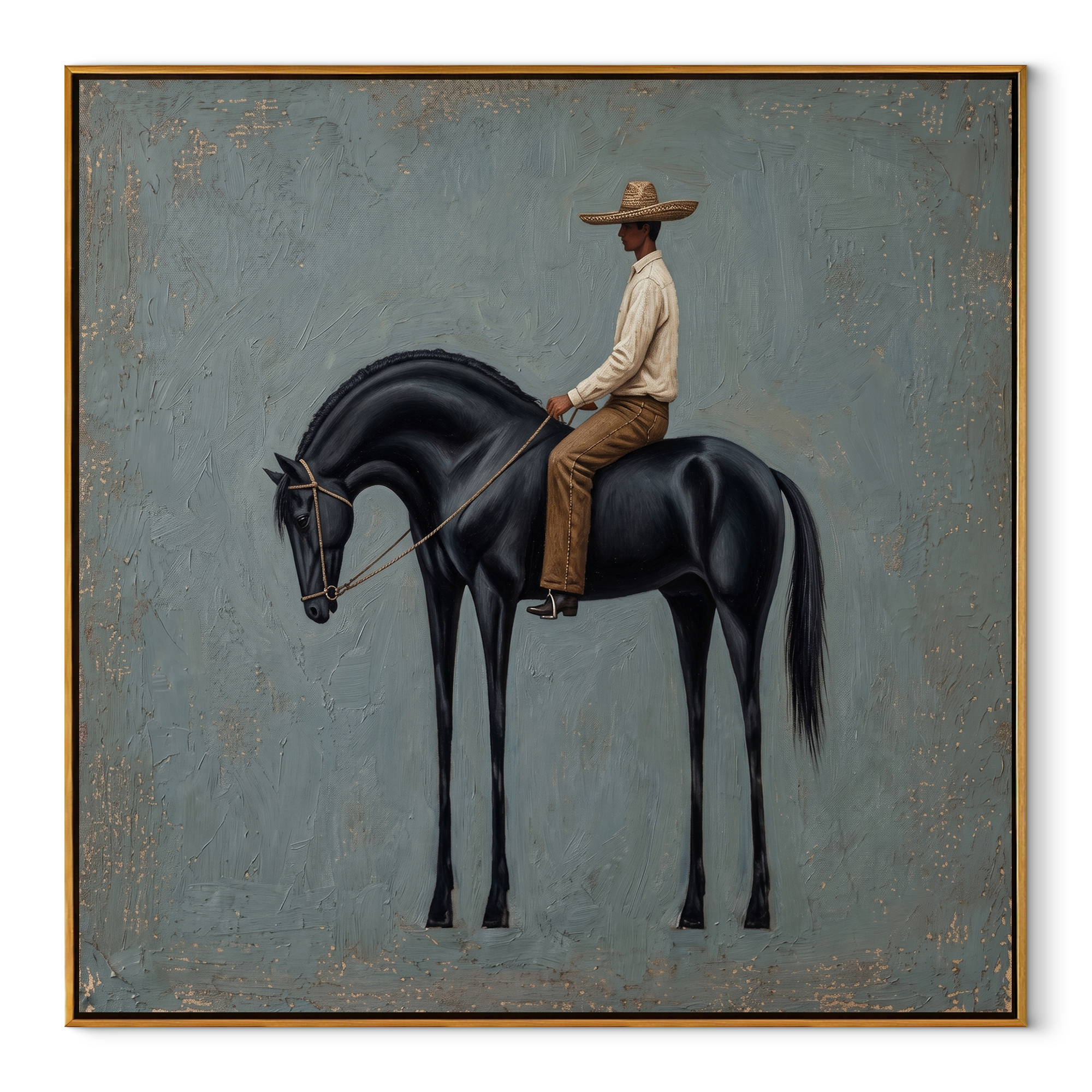 Black Horse Bows Blue - black horse rider painting by Isabelle Laurent, modern Western square wall art – wood frame on white background