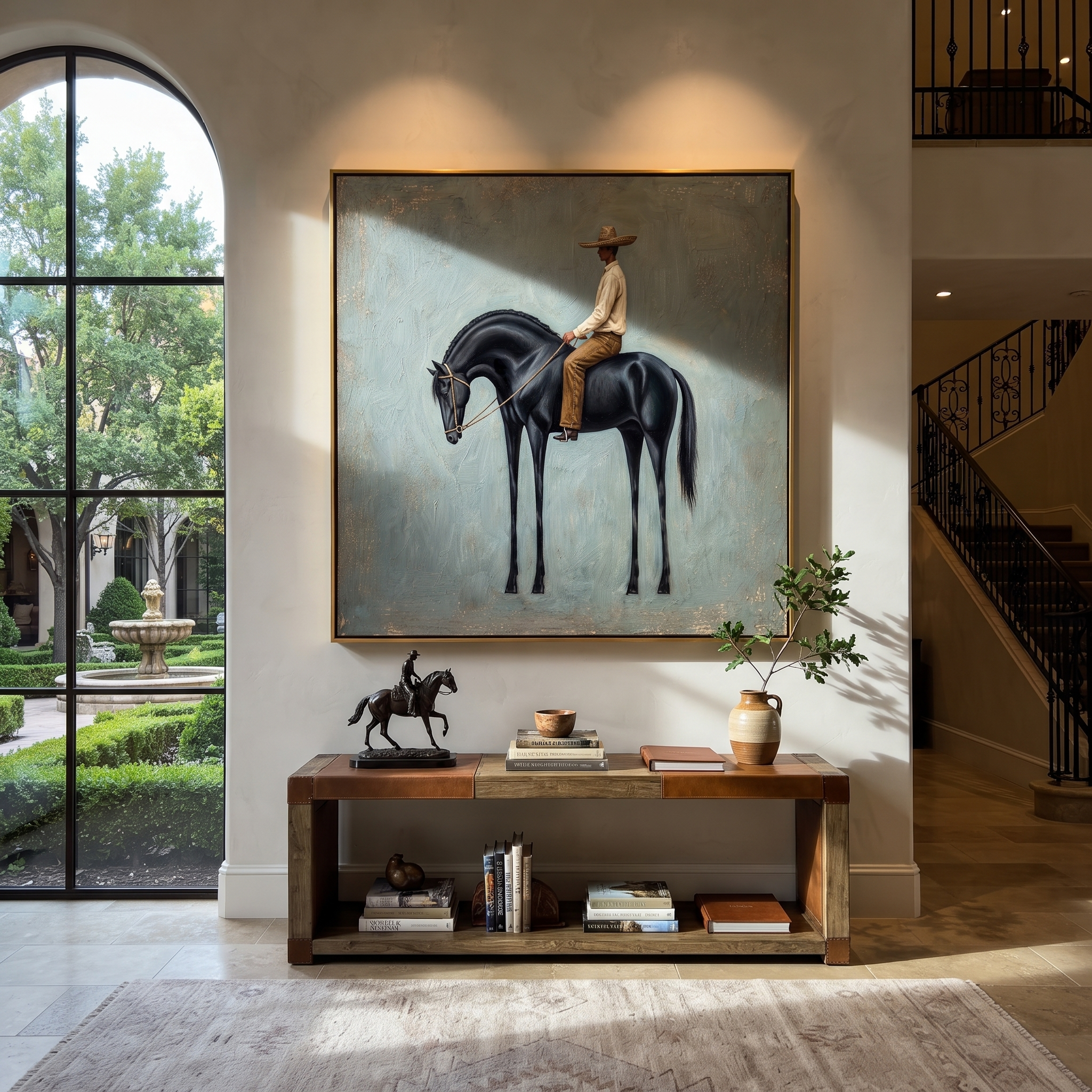 Black Horse Bows Blue - black horse rider painting by Isabelle Laurent, modern Western square wall art – styled room scene view 2