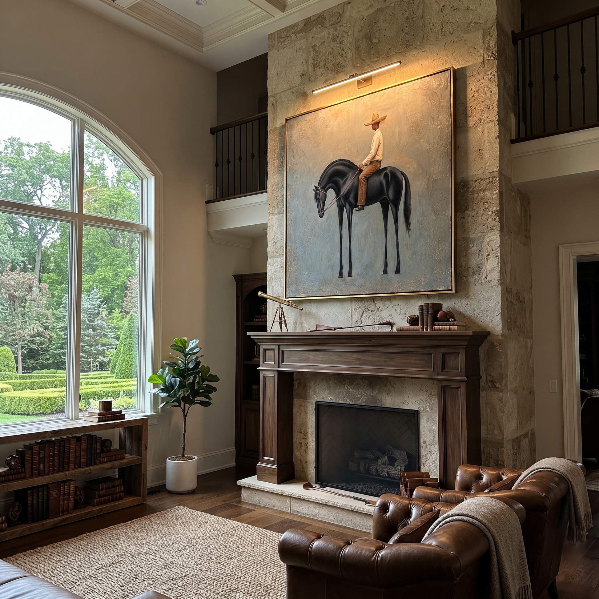 Black Horse Bows Blue - black horse rider painting by Isabelle Laurent, modern Western square wall art – styled room scene view 3