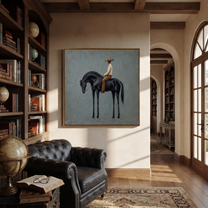Black Horse Bows Blue - black horse rider painting by Isabelle Laurent, modern Western square wall art – styled room scene view 4