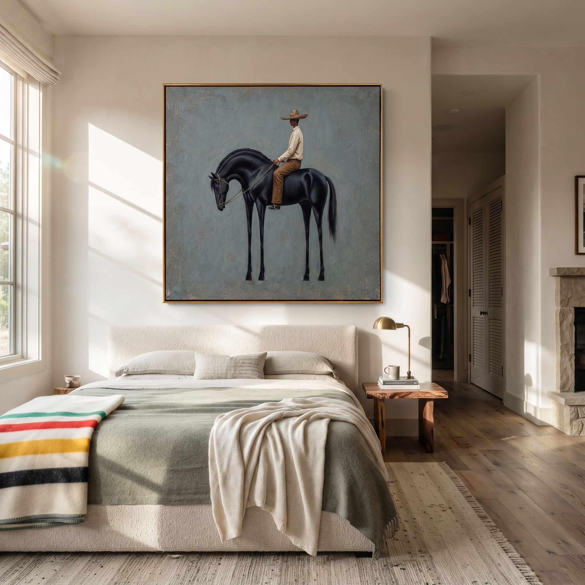 Black Horse Bows Blue - black horse rider painting by Isabelle Laurent, modern Western square wall art – styled room scene view 5