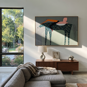 Pink Saddle Meets Lattice - patterned horse rider painting by Isabelle Laurent, modern Western horizontal wall art – styled room scene view 1
