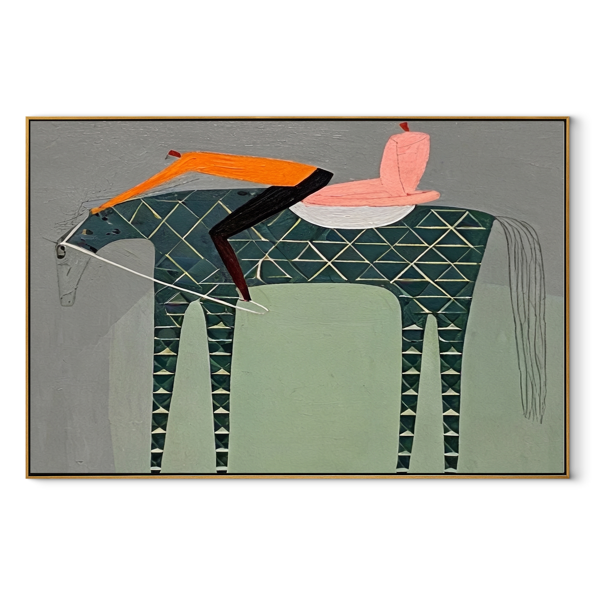 Pink Saddle Meets Lattice - patterned horse rider painting by Isabelle Laurent, modern Western horizontal wall art – wood frame on white background
