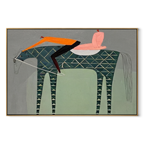 Pink Saddle Meets Lattice - patterned horse rider painting by Isabelle Laurent, modern Western horizontal wall art – wood frame on white background