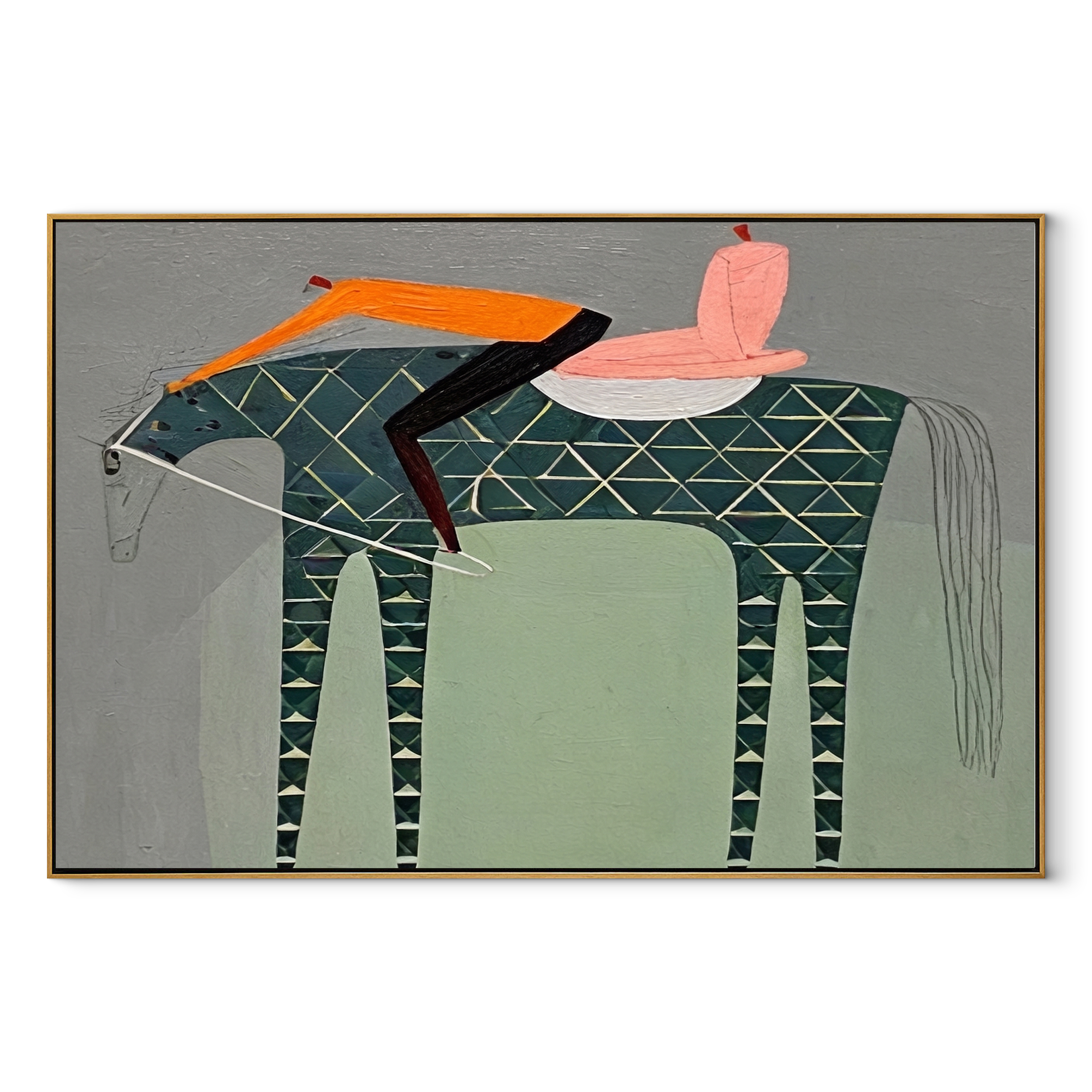 Pink Saddle Meets Lattice - patterned horse rider painting by Isabelle Laurent, modern Western horizontal wall art – wood frame on white background