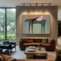 Pink Saddle Meets Lattice - patterned horse rider painting by Isabelle Laurent, modern Western horizontal wall art – styled room scene view 2