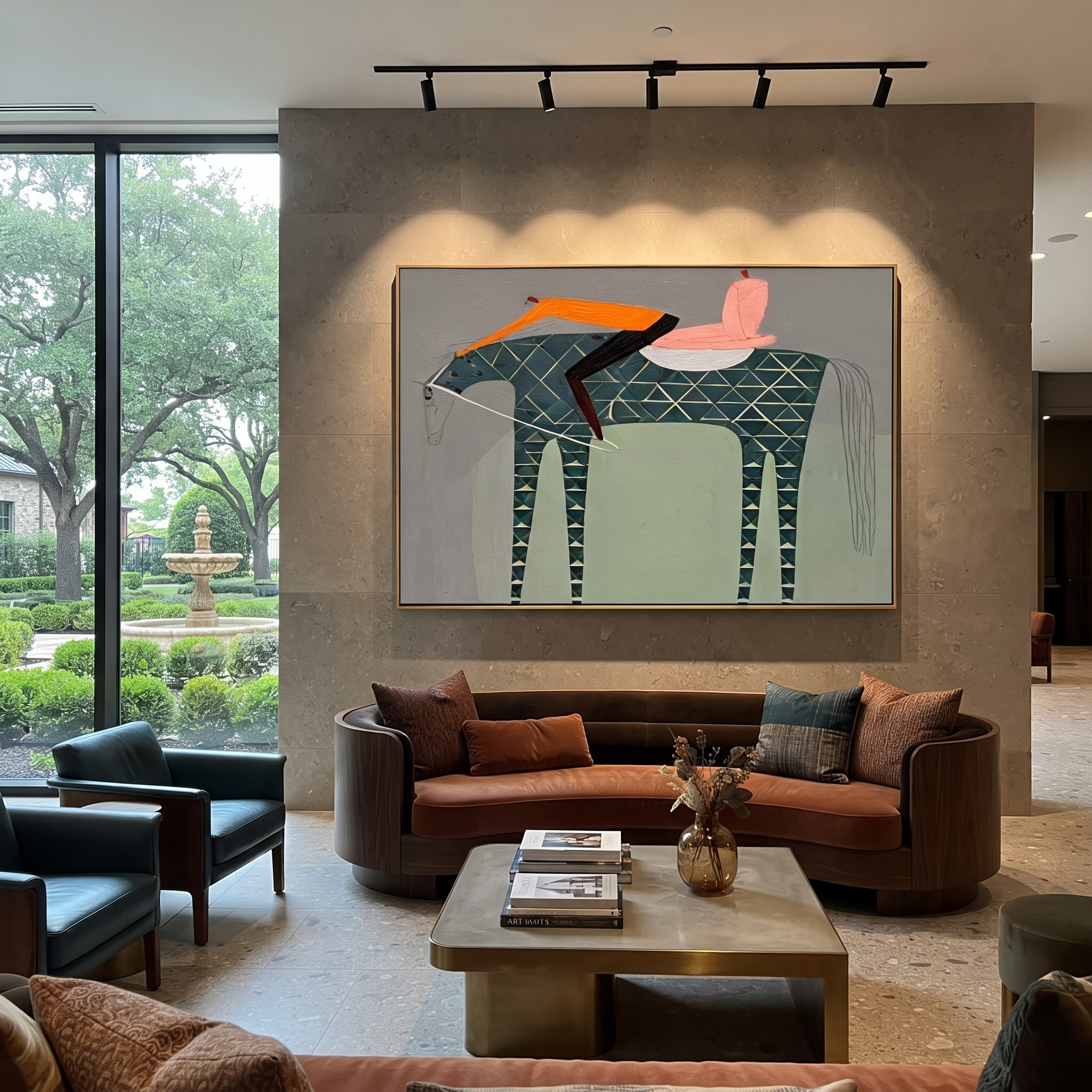 Pink Saddle Meets Lattice - patterned horse rider painting by Isabelle Laurent, modern Western horizontal wall art – styled room scene view 2