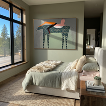 Pink Saddle Meets Lattice - patterned horse rider painting by Isabelle Laurent, modern Western horizontal wall art – styled room scene view 3