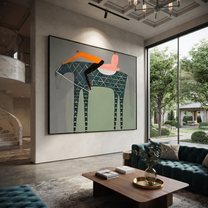 Pink Saddle Meets Lattice - patterned horse rider painting by Isabelle Laurent, modern Western horizontal wall art – styled room scene view 4