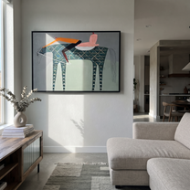 Pink Saddle Meets Lattice - patterned horse rider painting by Isabelle Laurent, modern Western horizontal wall art – styled room scene view 5