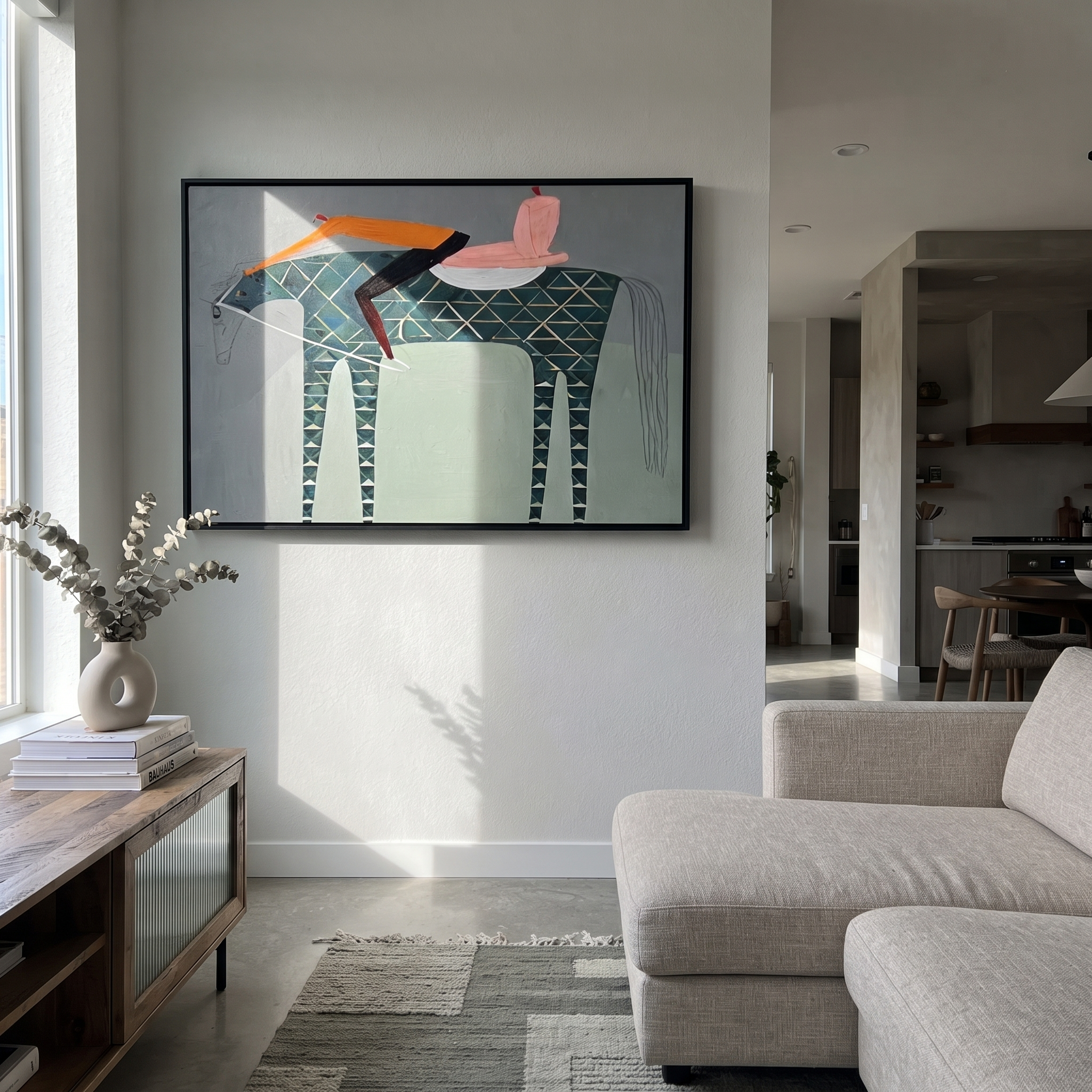 Pink Saddle Meets Lattice - patterned horse rider painting by Isabelle Laurent, modern Western horizontal wall art – styled room scene view 5