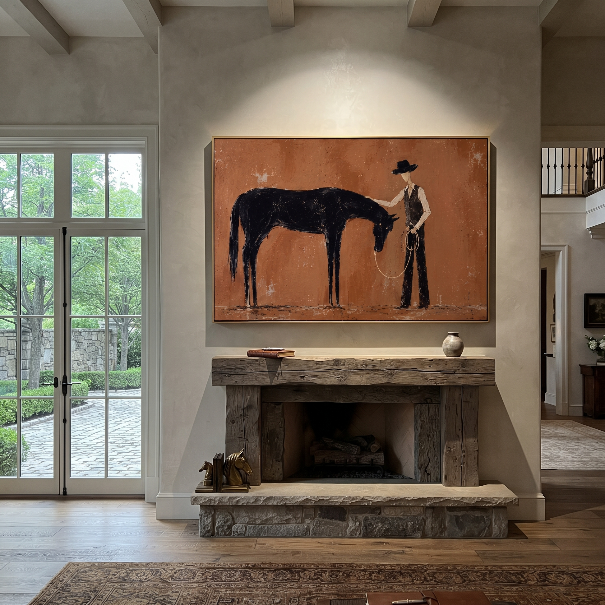 Bowed Horse Meets Handler - horse and cowboy painting by Isabelle Laurent, modern Western horizontal wall art – styled room scene view 1