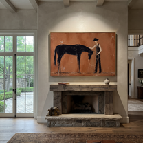 Bowed Horse Meets Handler - horse and cowboy painting by Isabelle Laurent, modern Western horizontal wall art – styled room scene view 1