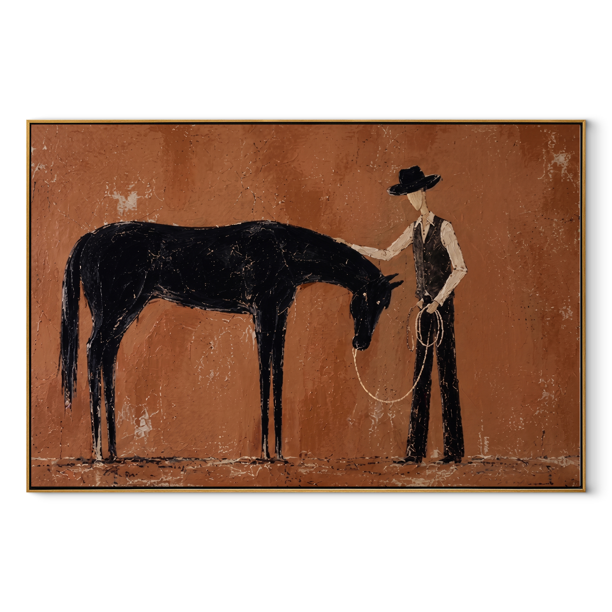 Bowed Horse Meets Handler - horse and cowboy painting by Isabelle Laurent, modern Western horizontal wall art – wood frame on white background