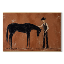 Bowed Horse Meets Handler - horse and cowboy painting by Isabelle Laurent, modern Western horizontal wall art – wood frame on white background