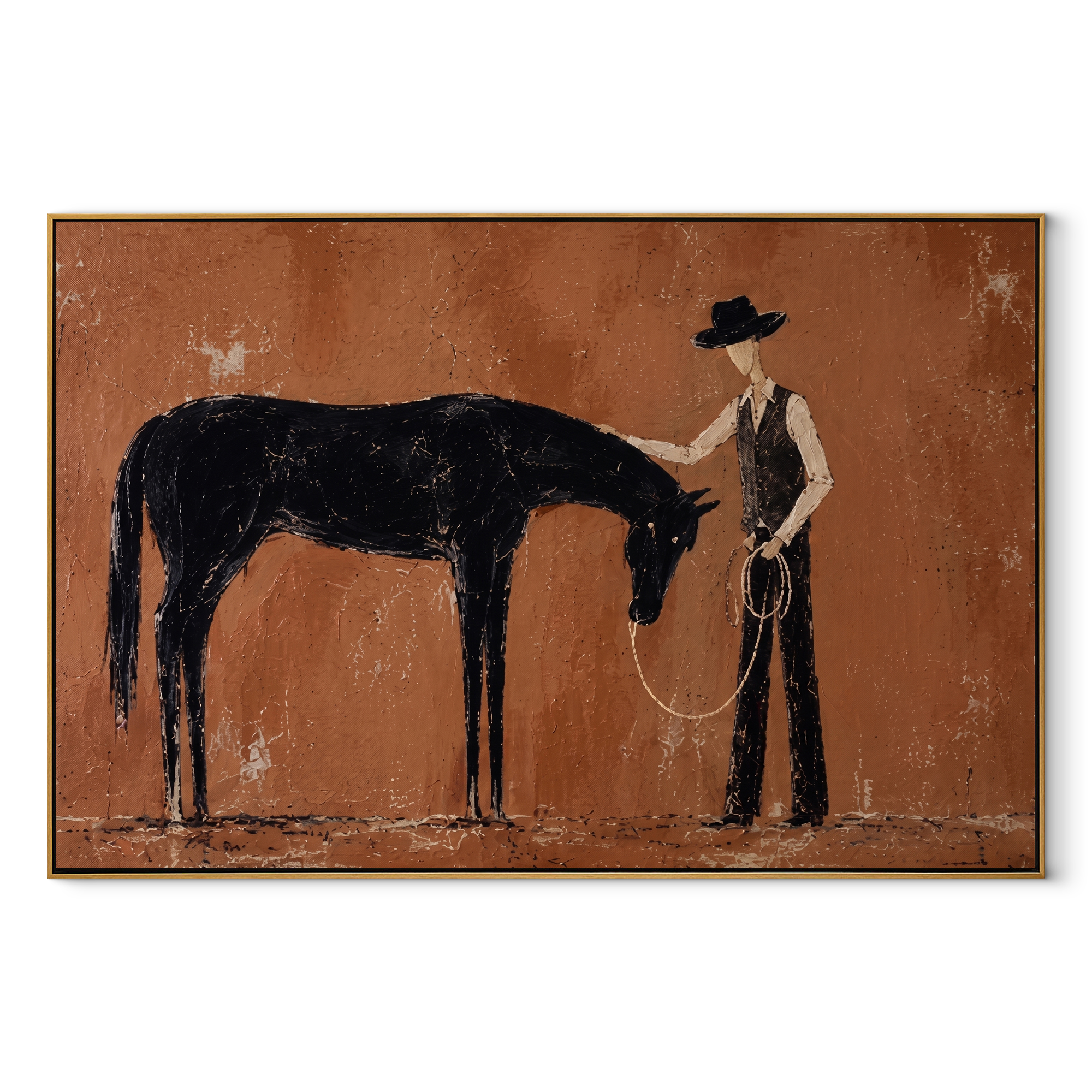 Bowed Horse Meets Handler - horse and cowboy painting by Isabelle Laurent, modern Western horizontal wall art – wood frame on white background