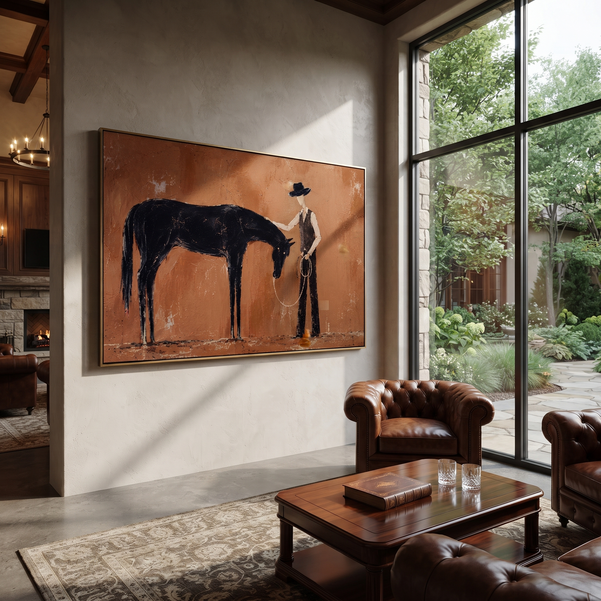 Bowed Horse Meets Handler - horse and cowboy painting by Isabelle Laurent, modern Western horizontal wall art – styled room scene view 2