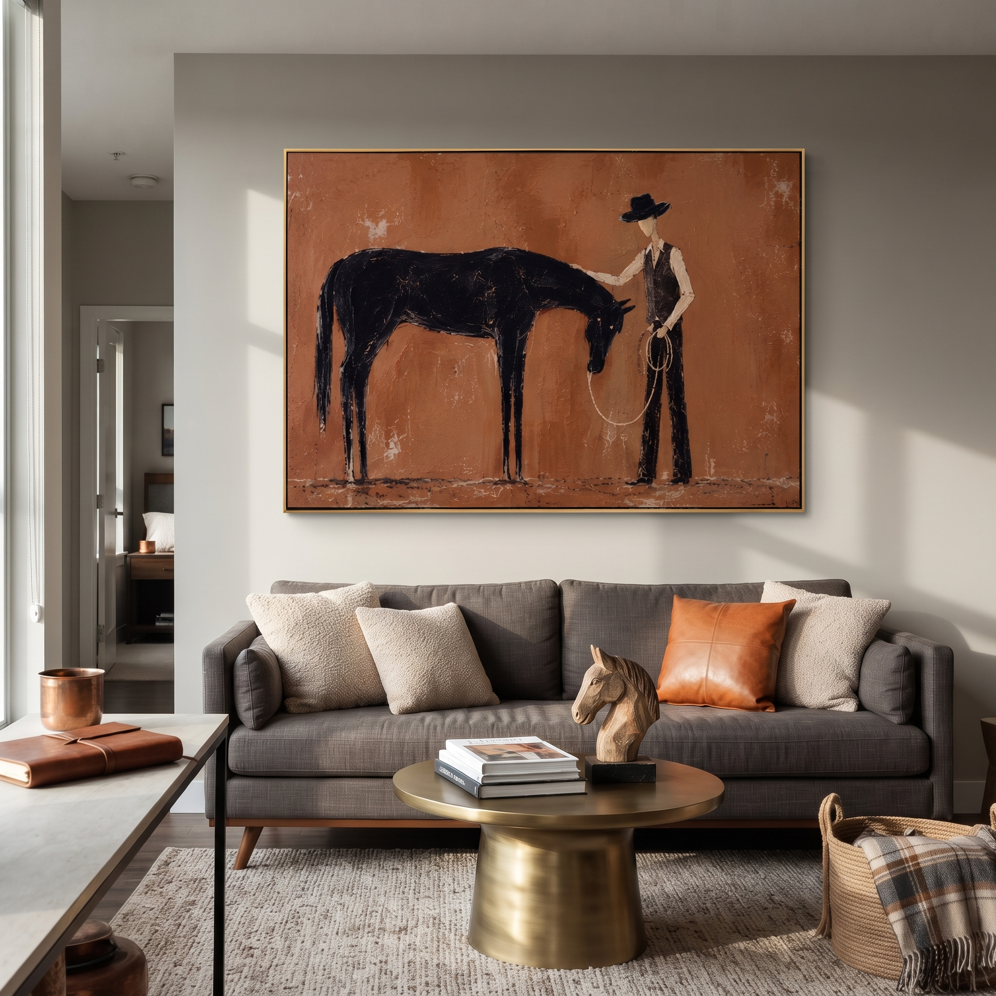 Bowed Horse Meets Handler - horse and cowboy painting by Isabelle Laurent, modern Western horizontal wall art – styled room scene view 3