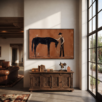Bowed Horse Meets Handler - horse and cowboy painting by Isabelle Laurent, modern Western horizontal wall art – styled room scene view 4