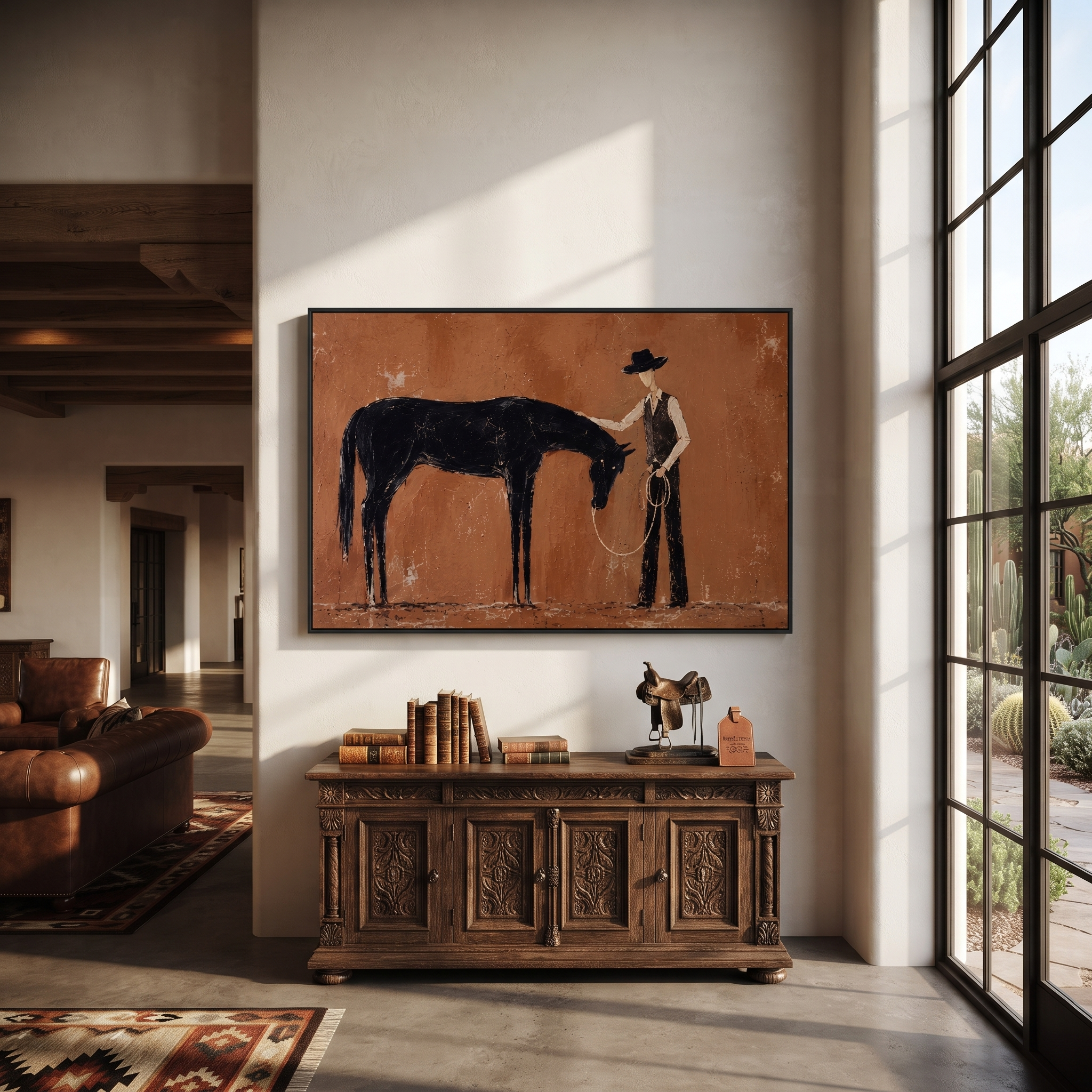 Bowed Horse Meets Handler - horse and cowboy painting by Isabelle Laurent, modern Western horizontal wall art – styled room scene view 4