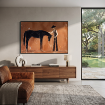 Bowed Horse Meets Handler - horse and cowboy painting by Isabelle Laurent, modern Western horizontal wall art – styled room scene view 5